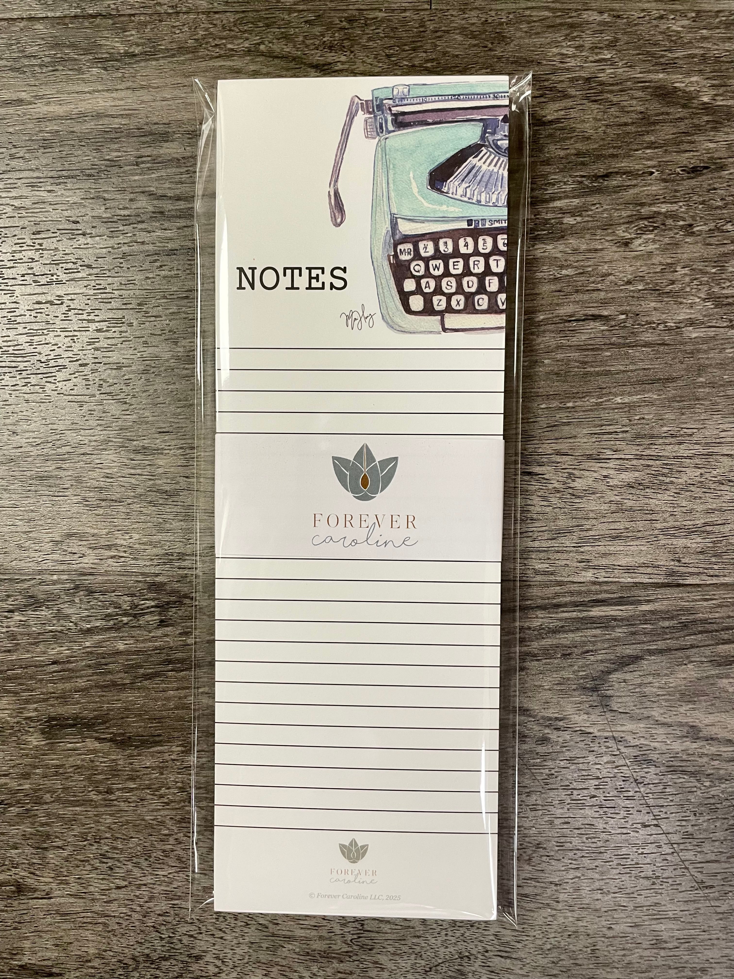 Magnetic Notepad w/ Vintage Blue Typewriter Artwork & "Notes"