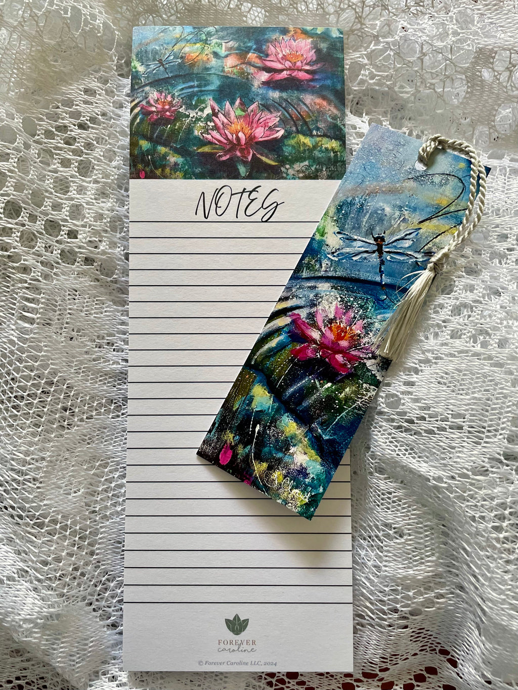 Magnetic Notepad w/ Pink Lotus & Dragonfly Art | Pretty Floral Memo Pad