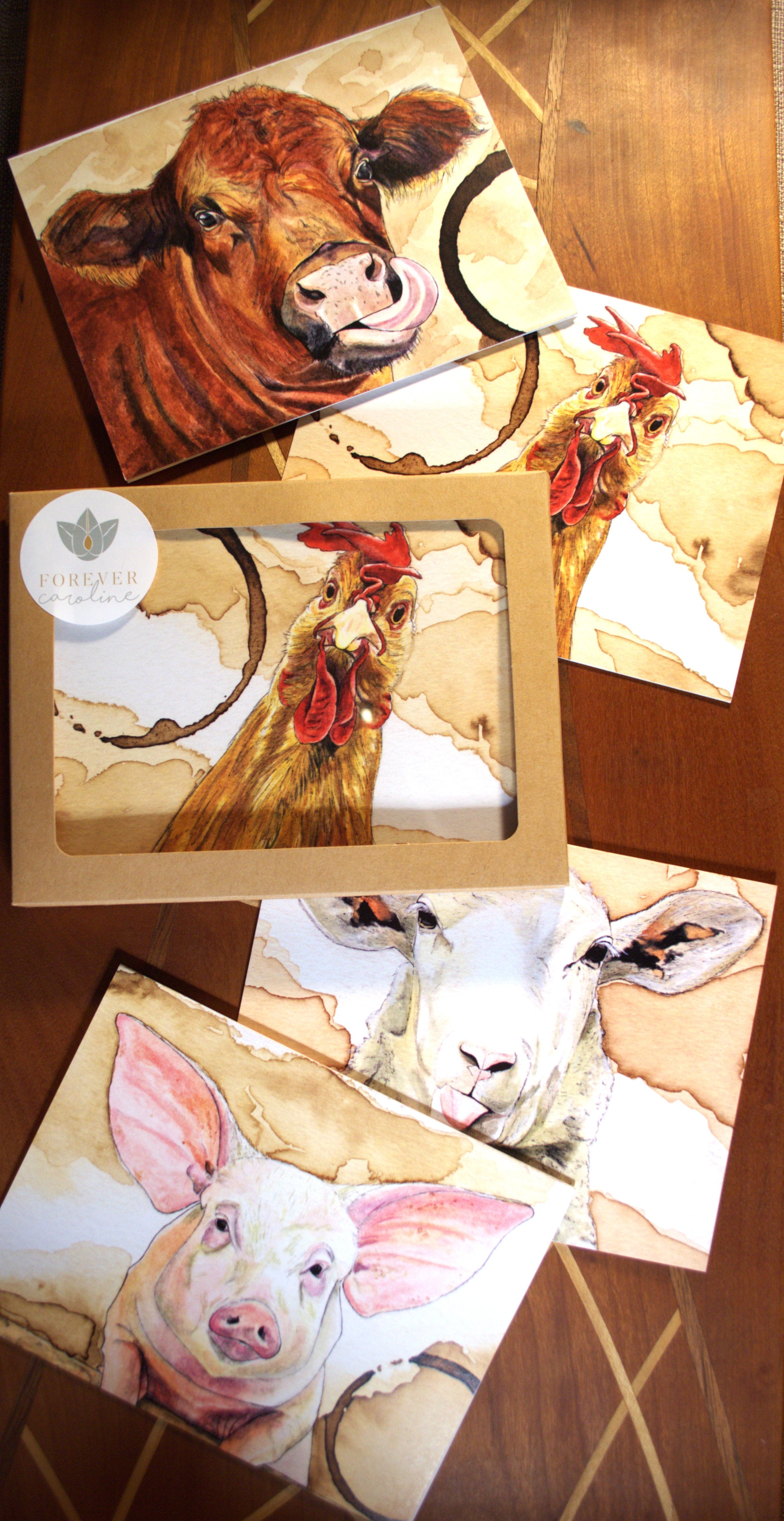 Farm Animals All-Occasion Blank Boxed Notecard Set | Chicken, Cow, Pig and Sheep Cards