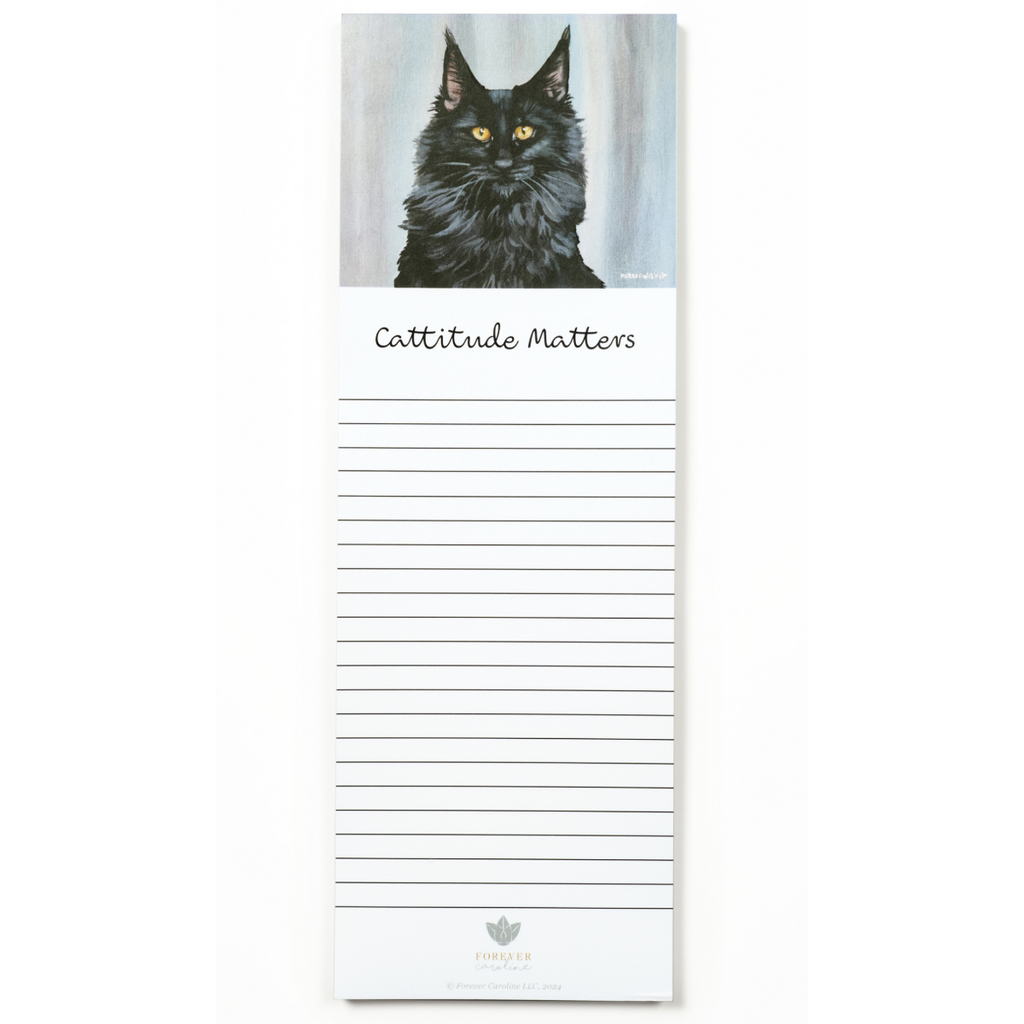 Magnetic Notepad w/ Black Cat Original Art & "Cattitude Matters" Message | Cute Cat Memo Pad