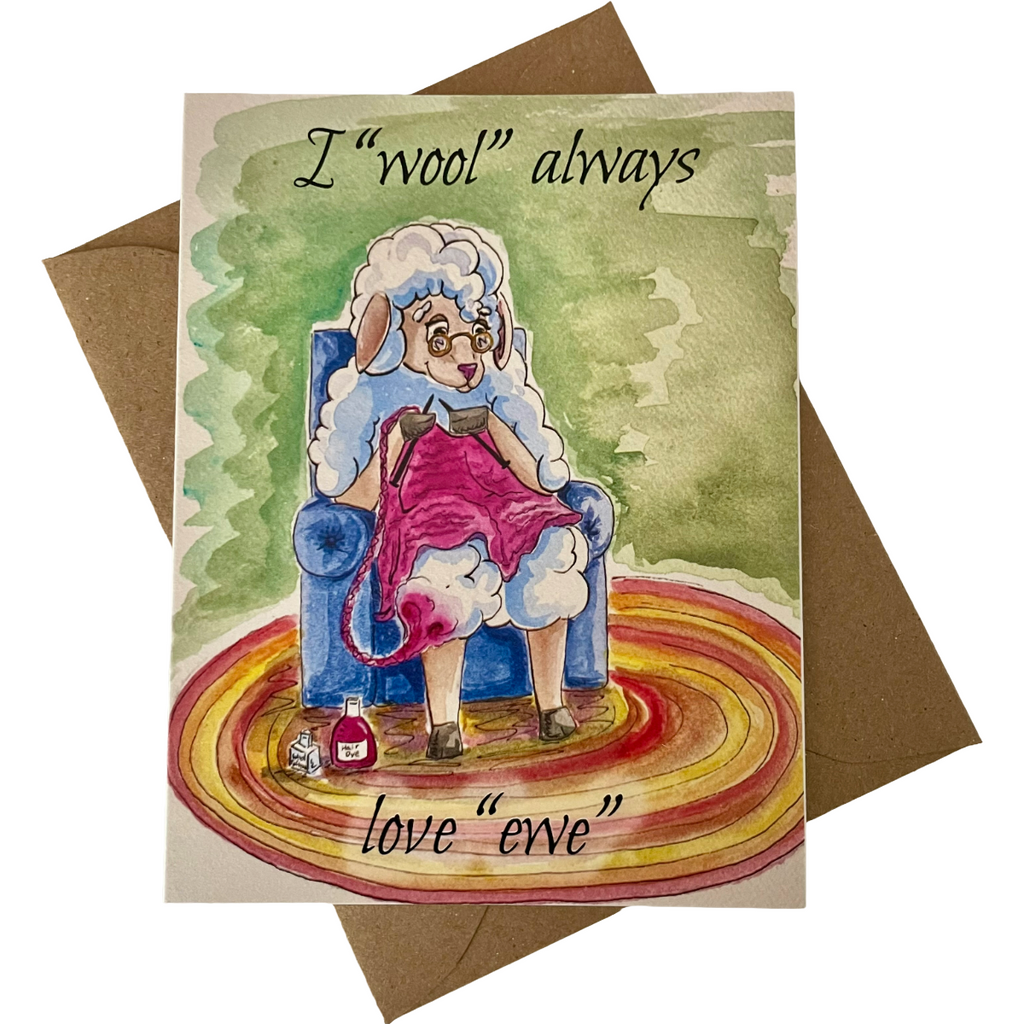 Whimsical Knitting Granny Ewe All-Occasion Sheep Notecard: 4, 8 or 20 Cards