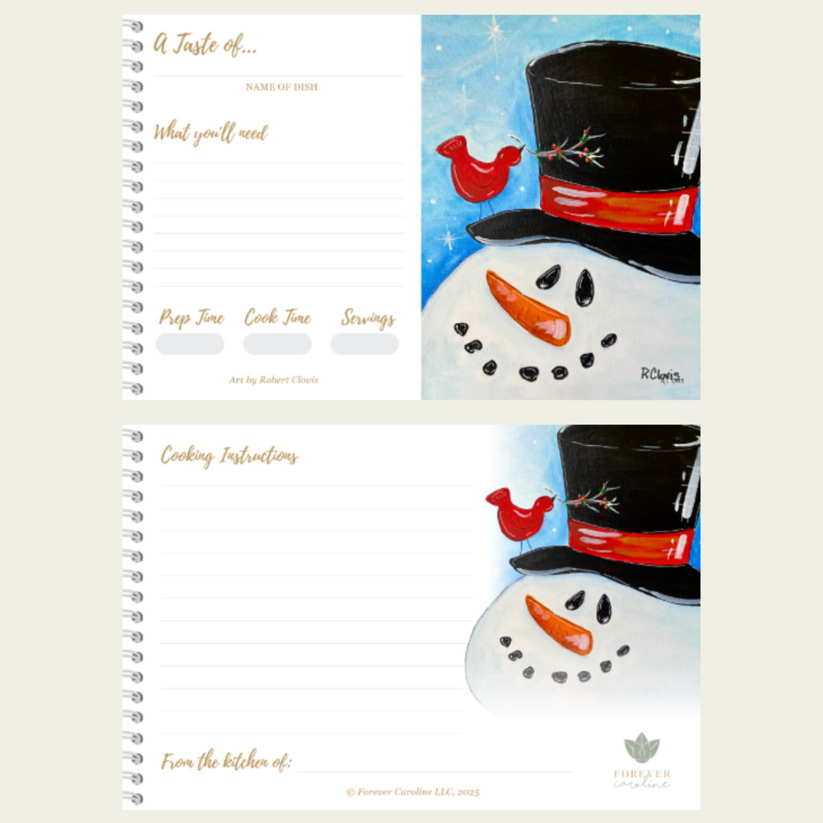 Recipe Cards Gift Set w/ Whimsical Snowman Artwork | 10, 20 or 50 Cards