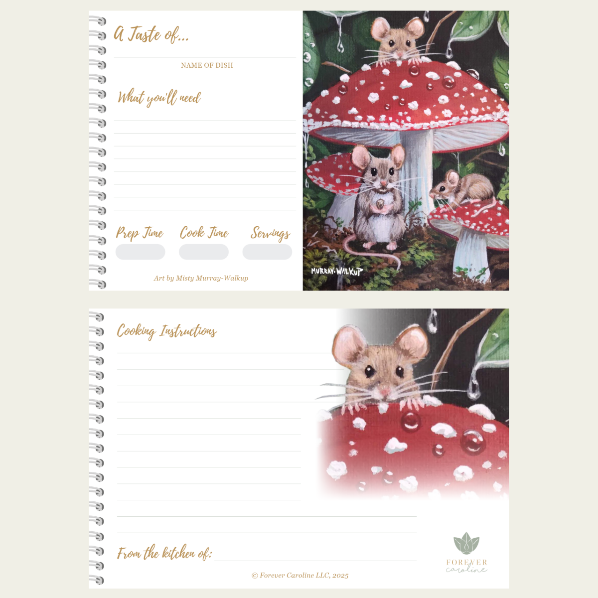 Recipe Cards Gift Set w/ Whimsical Mice and Red Toadstool Art | 10, 20 or 50 Cards