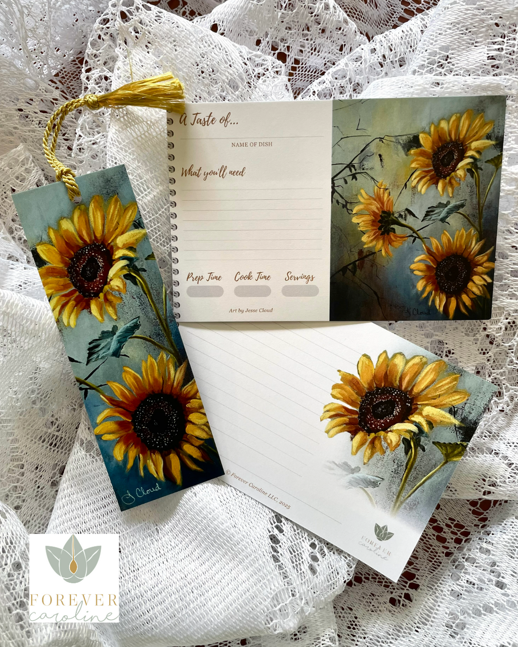 Recipe Cards Gift Set w/ Elegant Sunflower Artwork | 10, 20 or 50 Cards