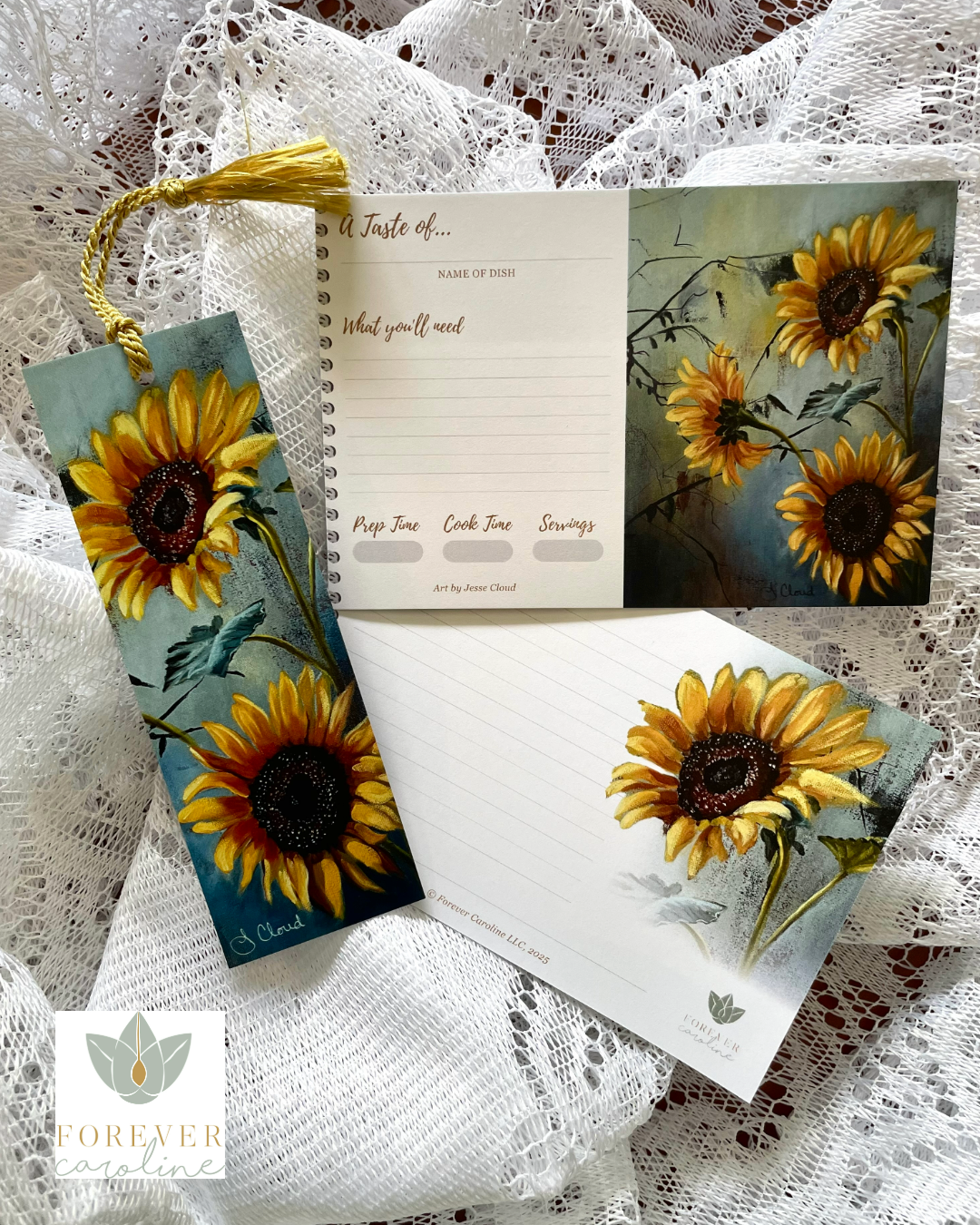 Recipe Cards Gift Set w/ Elegant Sunflower Artwork | 10, 20 or 50 Cards